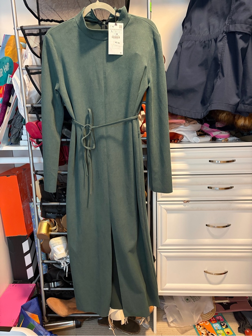 Zara Forest Green Maxi Tie-Waist Long Sleeve Dress